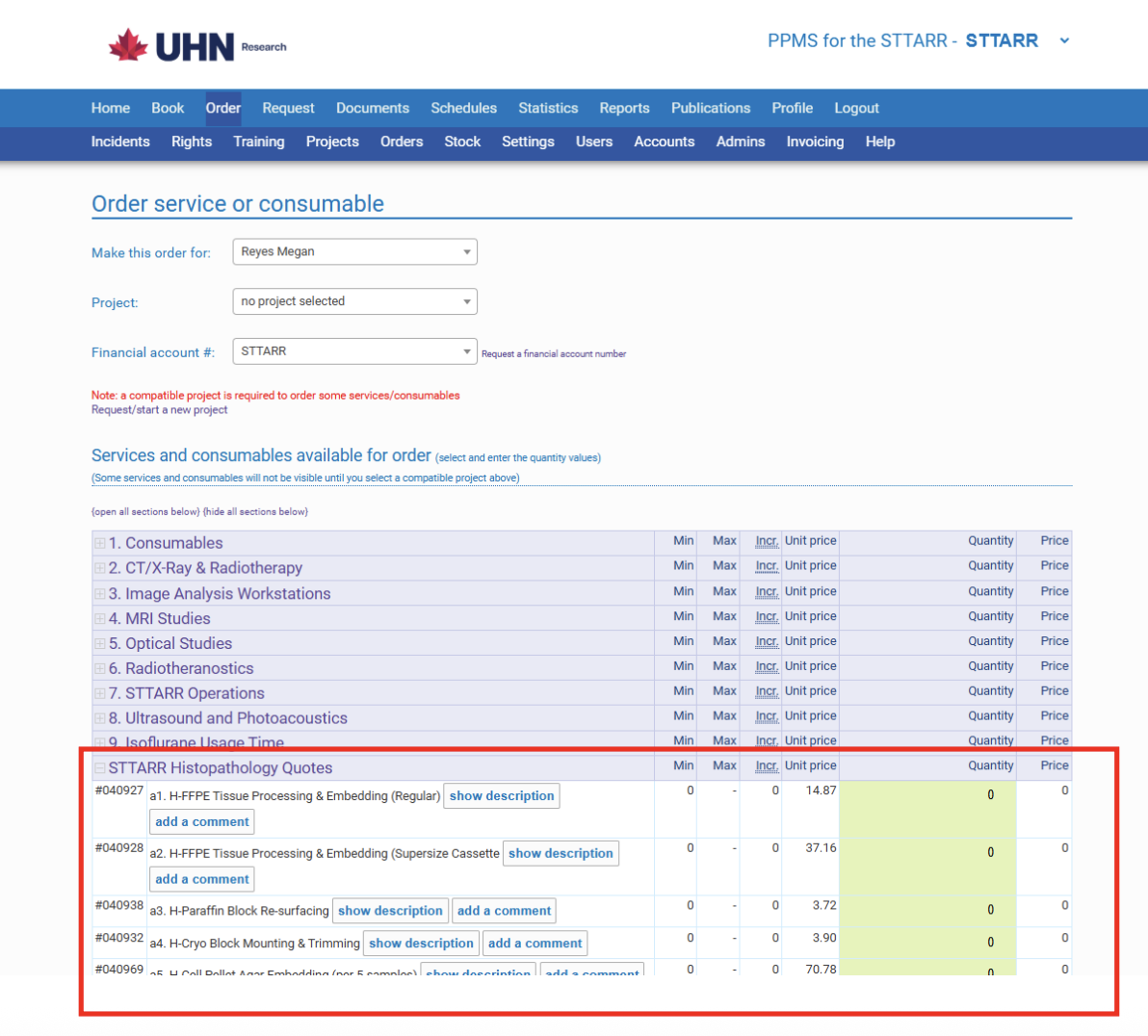 Screenshot showing STTAR Histopathology Quotes in the order page