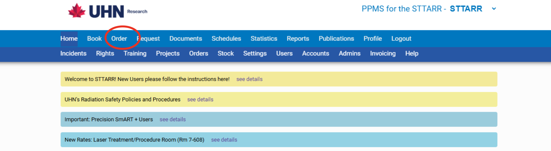 Screenshot showing the Order button on the PPMS STTARR webpage